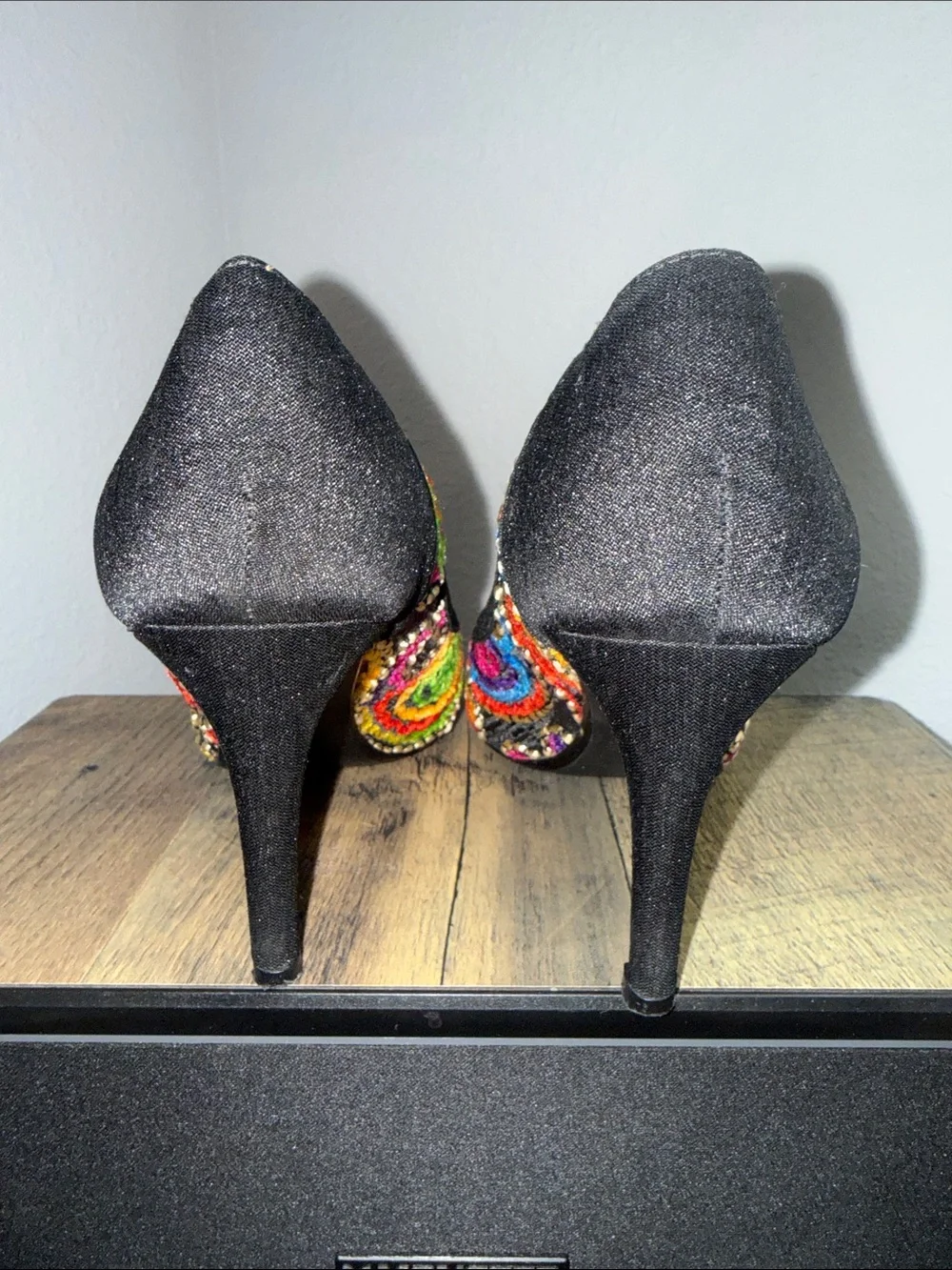 J.Renee Black Pointed-Toe Heels with Multicolor Embroidered Swirls